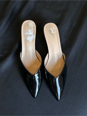 Kitten Heel Black Patent Pointed-Toe Slip-On Mules